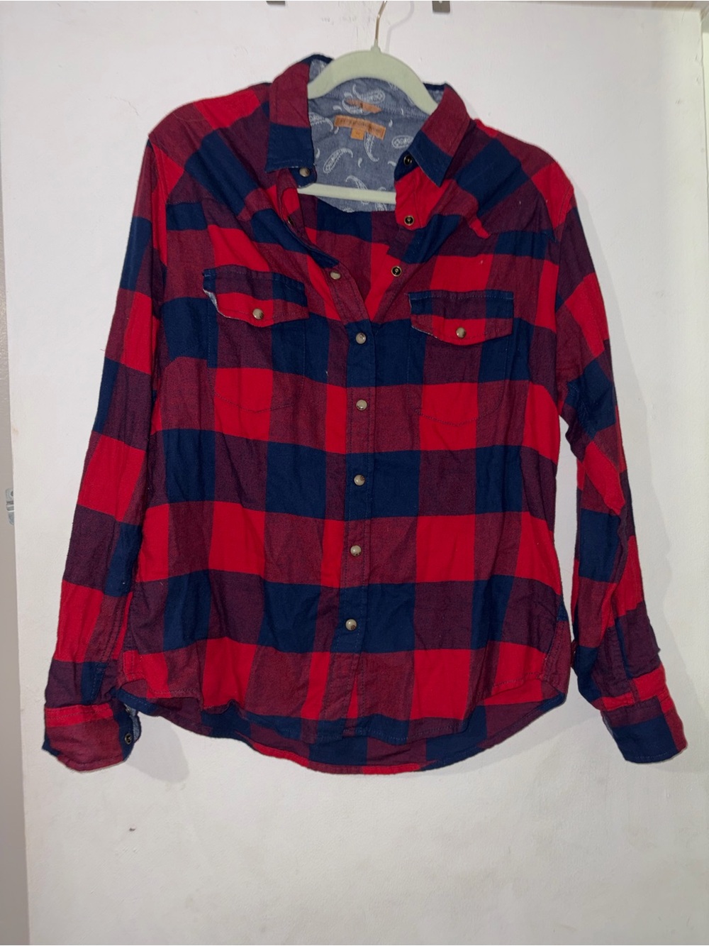 JACHS Girlfriend Red and Navy Plaid Button-Down Flannel Shirt